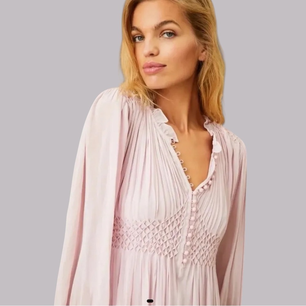 LOVESHACKFANCY Belinda Smocked A-Line Swing Long Sleeve Button-down Mini Dress - Picture 4 of 15